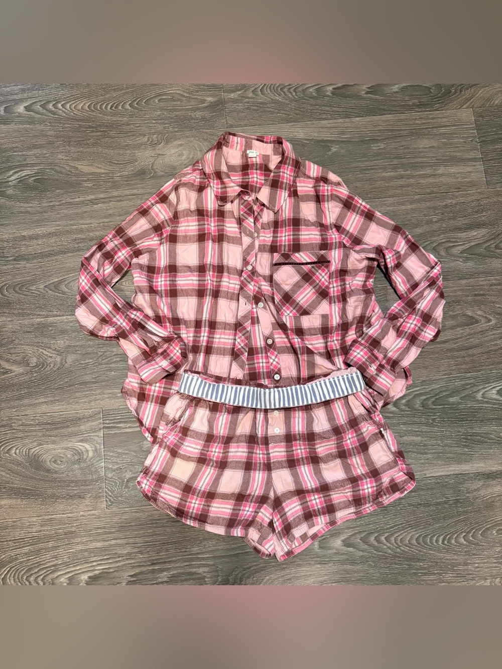 aerie pink & brown plaid flannel matching pajama set